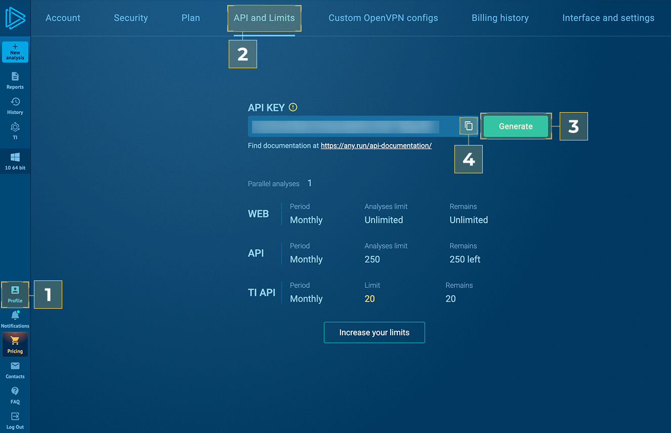 ANY.RUN Generate API KEY